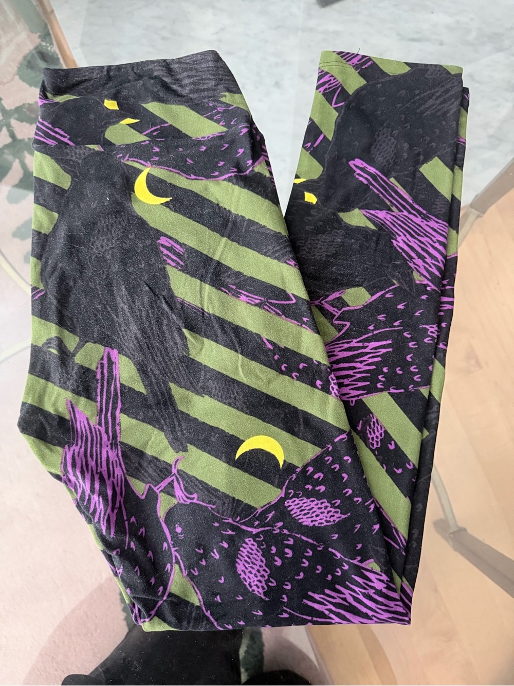 LuLaRoe Black, Olive Green, Purple & Yellow Patterned Leggings